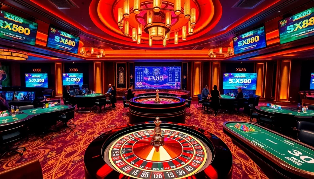 Experience thrilling gambling at xx88, featuring elegant tables, chips, and a roulette wheel.
