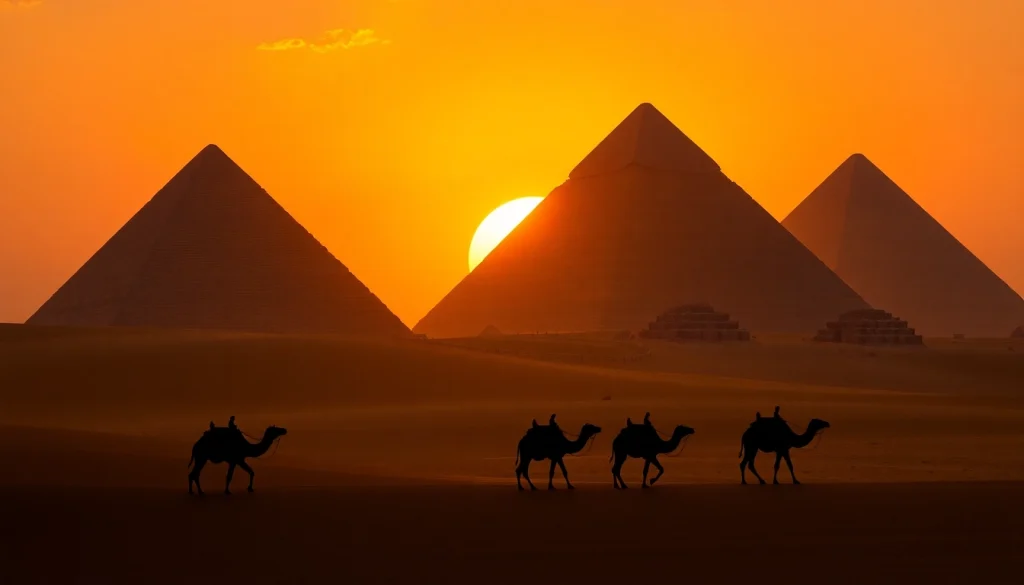 Showcase the pyramids at sunset with a camel caravan in the foreground, inspired by https://emegypt.net.