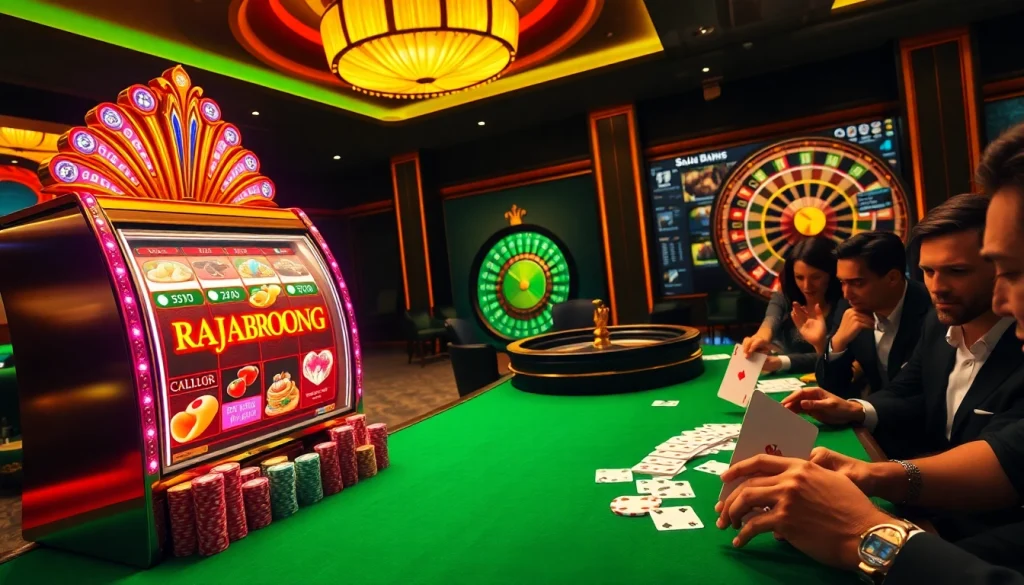 RAJABARONG showcases an exciting casino atmosphere with a vibrant slot machine and roulette wheel.