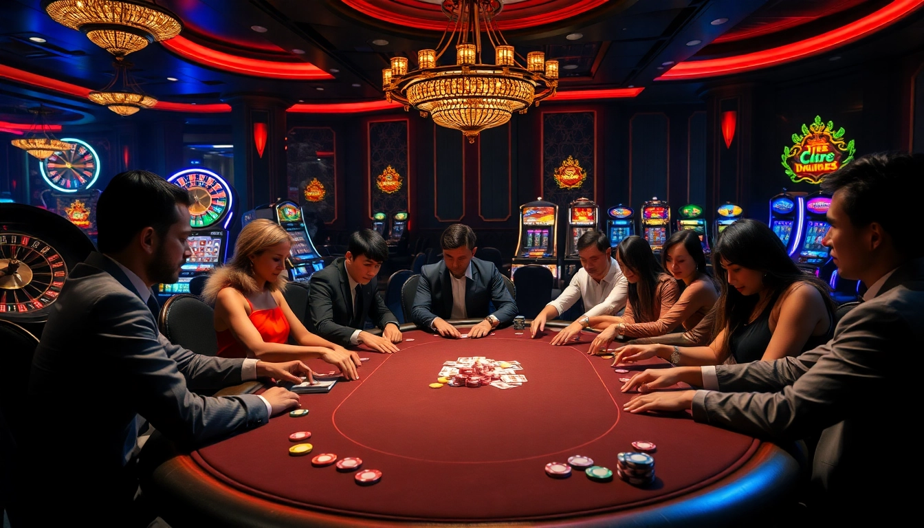 Players engaging in an intense poker game at Nhà cái MM88, surrounded by vibrant casino elements.