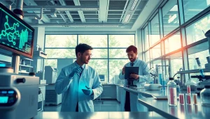 WIN55 cannabinoid research in a modern laboratory with scientists and high-tech equipment.