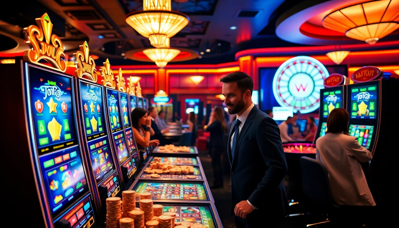 Celebrate wins at a toto slot machine in a luxurious casino atmosphere filled with excitement.
