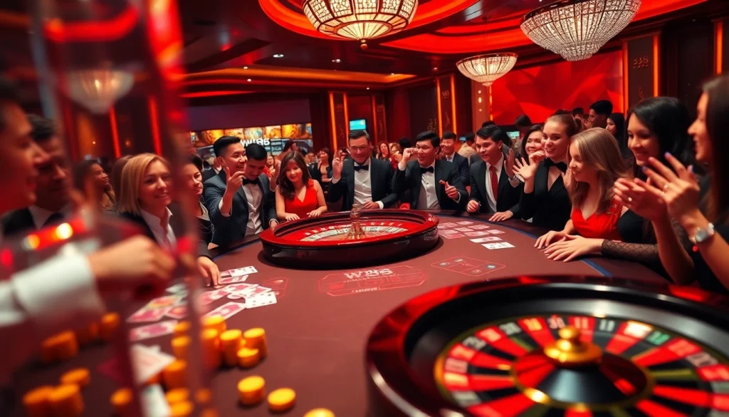 Exciting gambling scene at a W88 casino table with players and vibrant gaming elements.
