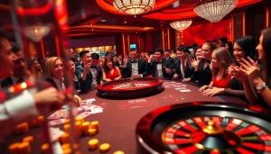 Exciting gambling scene at a W88 casino table with players and vibrant gaming elements.