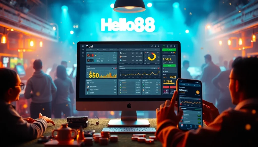 Hello88 online betting platform showcasing immersive gaming experiences with sleek interface and excited users.