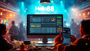 Hello88 online betting platform showcasing immersive gaming experiences with sleek interface and excited users.
