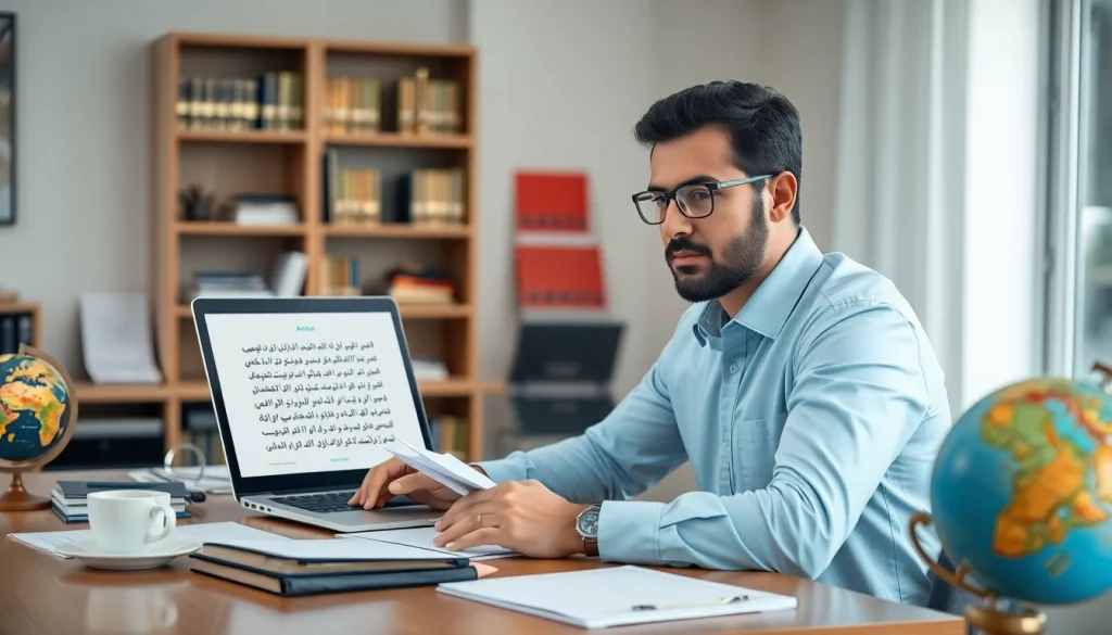 Traducteur assermenté arabe professionnel au travail dans un cadre de bureau moderne