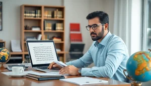 Traducteur assermenté arabe professionnel au travail dans un cadre de bureau moderne