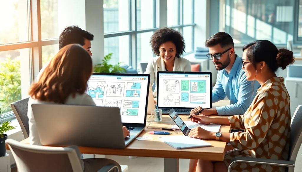 Thiết kế website teamwork in a modern office environment with laptops and design sketches.