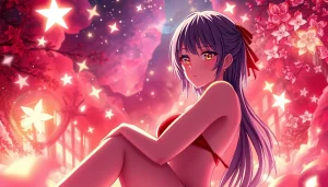 Anime sex-themed digital artwork featuring a sensual character in a vibrant fantasy landscape.