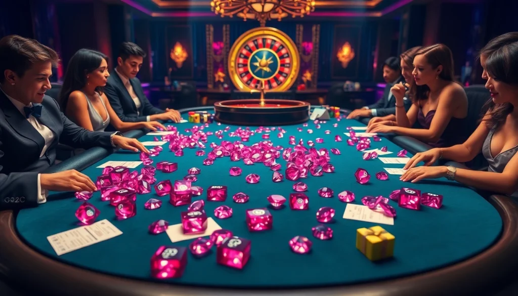 Engaged players at a glamorous poker table with sparkling 粉紅鑽石 and colorful chips.