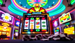 Mesin slot petanitoto menarik perhatian dengan visual cerah dan chip poker di sekitarnya.