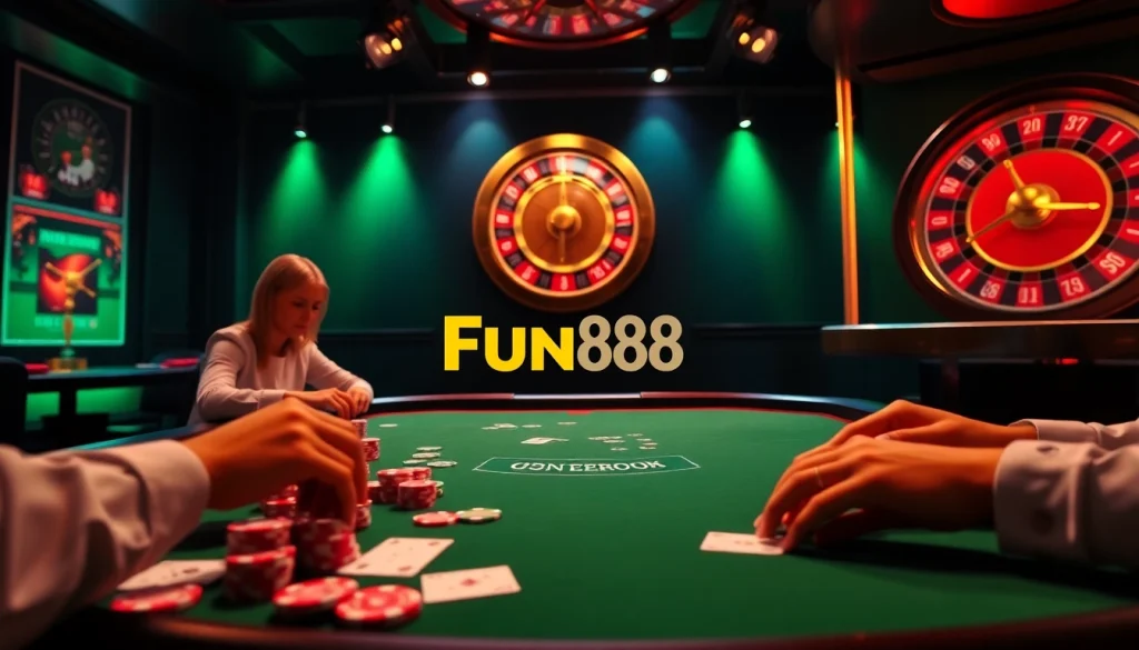 Fun88 players engaging at an elegant poker table in a vibrant casino atmosphere.