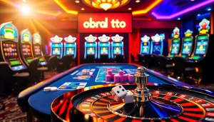 Engaging casino scene showcasing obral toto with chip stacks and a roulette wheel.