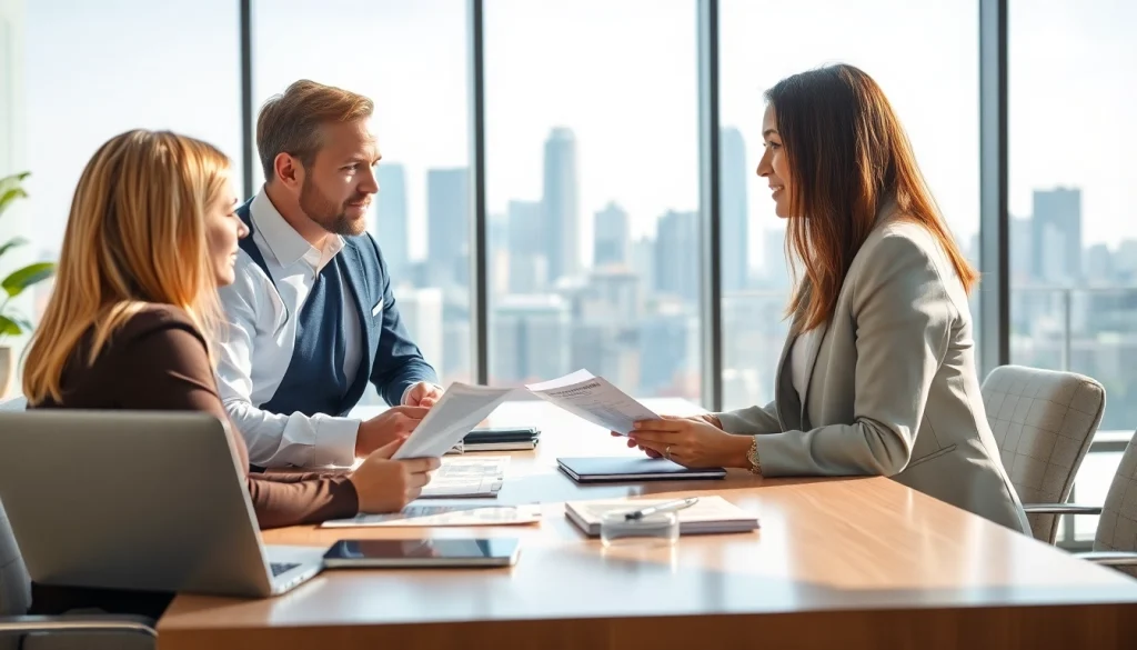 Real Estate agent assists clients in a modern office, showcasing professionalism and engagement.