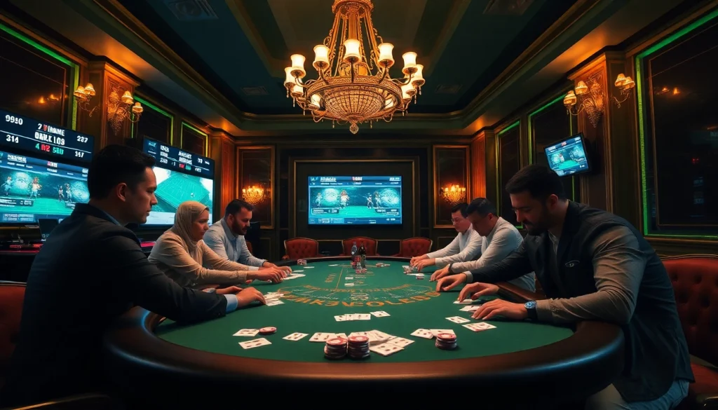 Gamblers analyzing strategies at a poker table while following scores on 7m.cn for real-time updates.