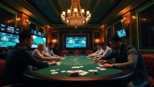 Gamblers analyzing strategies at a poker table while following scores on 7m.cn for real-time updates.