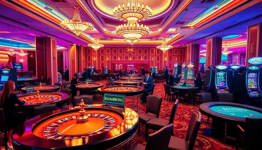 RAJABARONG casino scene with elegant players at poker tables and a roulette wheel.