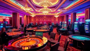 RAJABARONG casino scene with elegant players at poker tables and a roulette wheel.