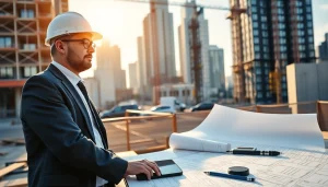 New York Construction Manager overseeing an urban site with blueprints, highlighting professionalism and expertise.
