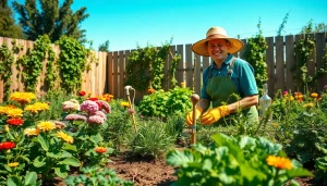 Gardening enthusiast tending vibrant flowers and vegetables in a community garden.