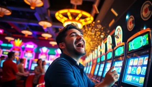 Bergembira saat bermain petanitoto dengan kemenangan di antara mesin slot berkilau.