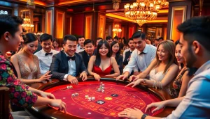 Players enjoying go88 tài xỉu at a luxurious casino table, filled with vibrant chips and exciting action.