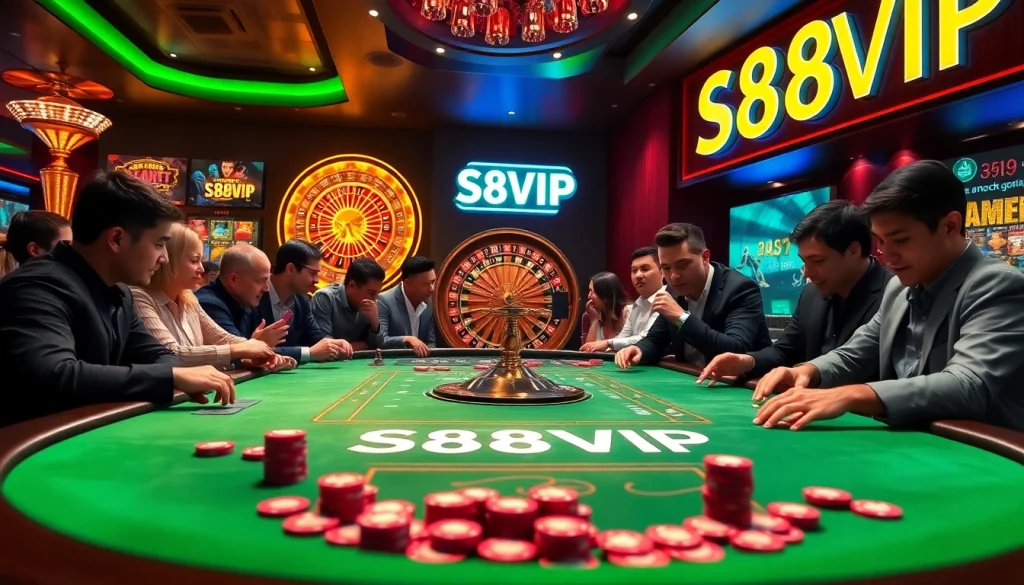 S88VIP casino table with polished poker chips and a spinning roulette wheel in a vibrant setting.