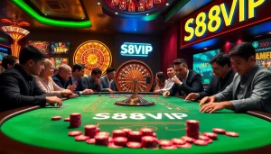 S88VIP casino table with polished poker chips and a spinning roulette wheel in a vibrant setting.