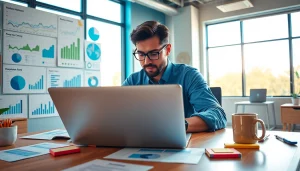 SEO expert analyzing digital marketing strategies in an engaging office setting.