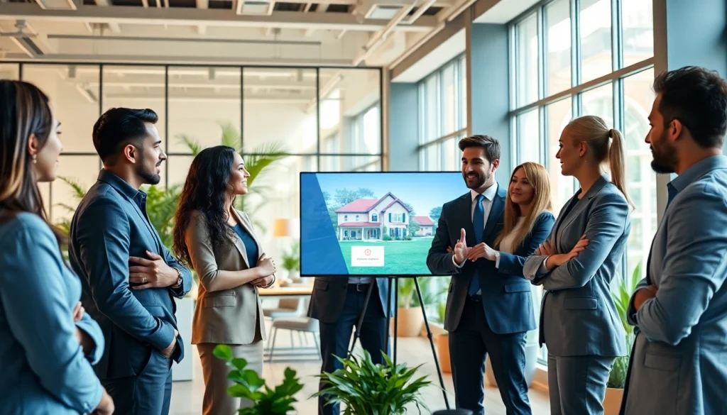 Browse Real Estate insights with professional agents in a modern office environment.