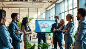 Browse Real Estate insights with professional agents in a modern office environment.