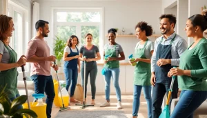 Cleaning service team efficiently cleaning a modern home with eco-friendly products and a welcoming atmosphere.