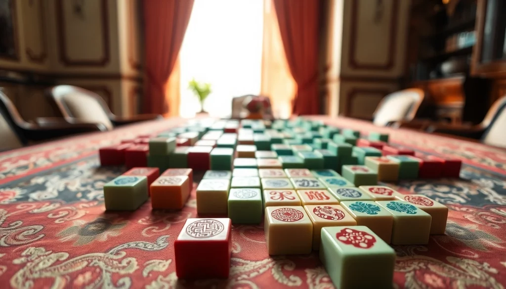 Mainkan mahjong dengan set ubin yang dihias indah di ruangan yang elegan.