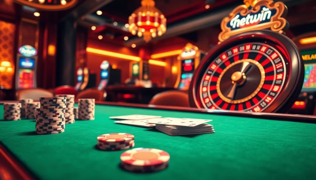 Experience the thrill of netwin online gaming with luxurious poker setups and vibrant roulette wheels.