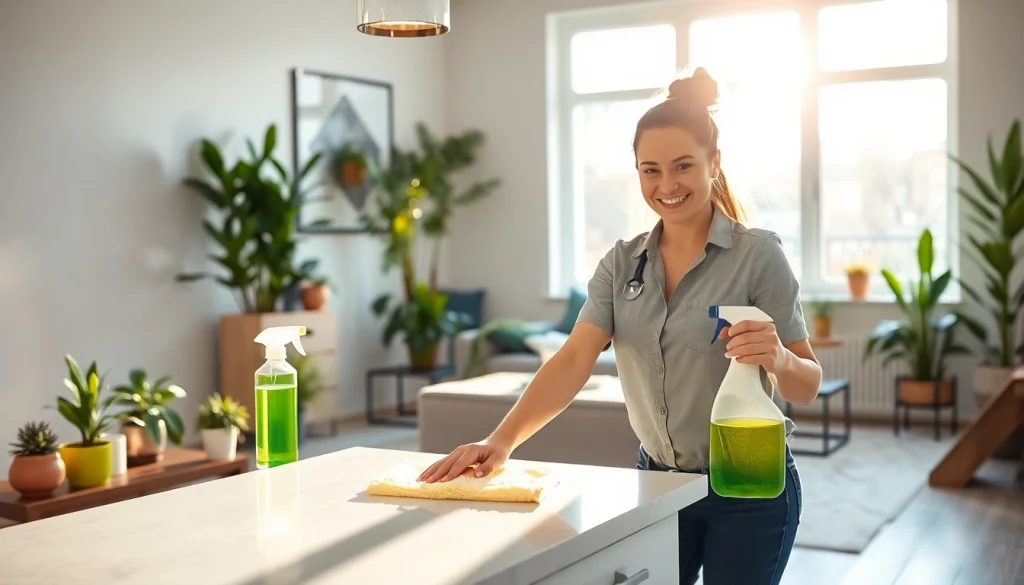 Engaged cleaner demonstrating quality Cleaning service in a bright home environment.