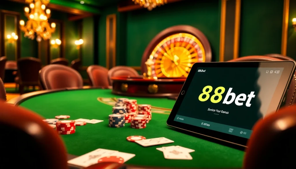 Engage with a thrilling casino experience featuring link 188bet at a poker table surrounded by vibrant chips and cards.