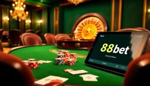 Engage with a thrilling casino experience featuring link 188bet at a poker table surrounded by vibrant chips and cards.