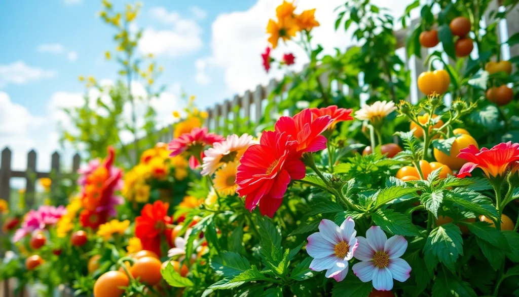 Gardening scene highlighting vibrant flowers and lush vegetables in a sunny garden.