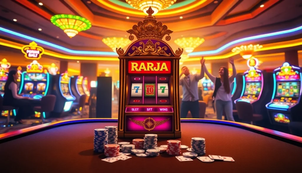 Experience thrilling wins at the Raja Barong slot machine amidst a bustling casino atmosphere.