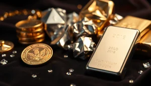 Showcase of precious metals including gold and silver in an elegant display