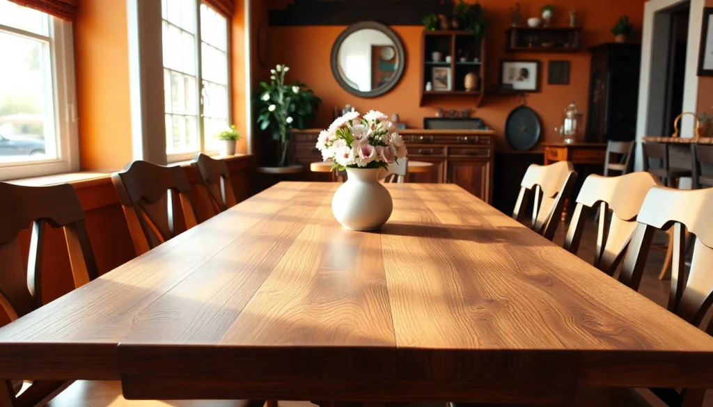 Highlighting Solid wood tables in a cozy dining space with elegant decor and natural lighting.