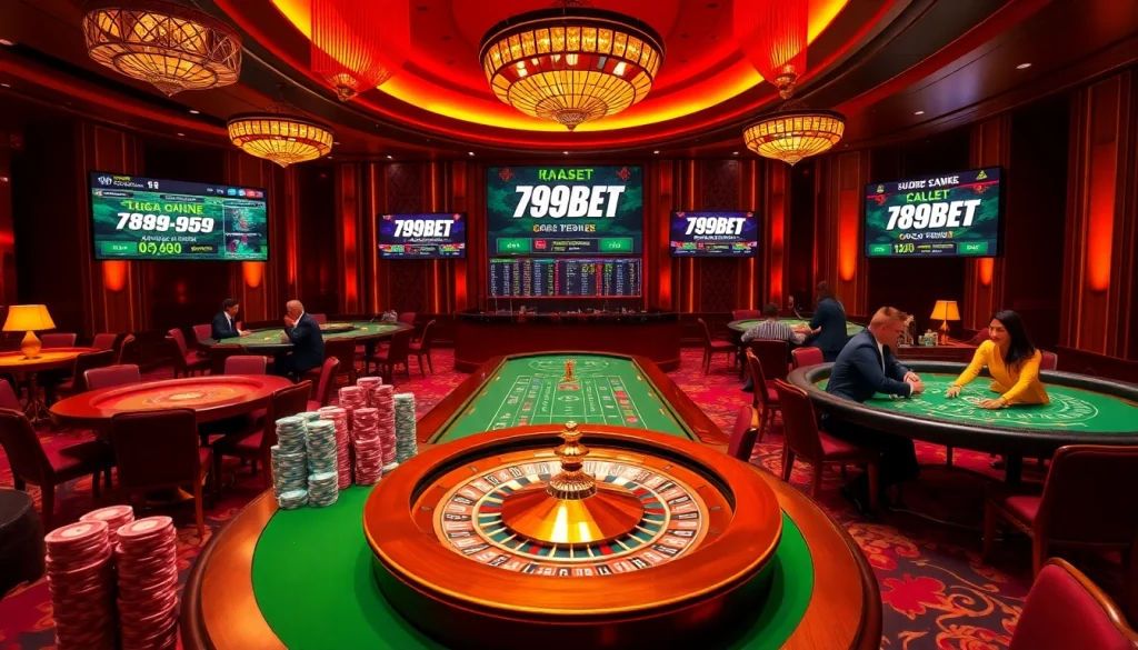 Engaging scene featuring nhà cái 789BET with vibrant poker chips and casino tables, showcasing online gaming excitement.