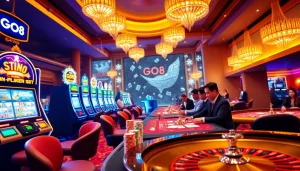 Experience the thrill of GO8 online gaming at a luxurious casino with vibrant tables and excited players.