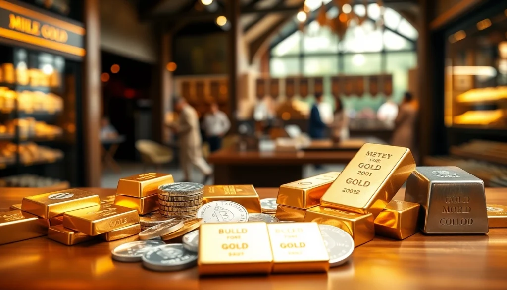 Showcases precious metals including gold and silver in an elegant display for potential investment.