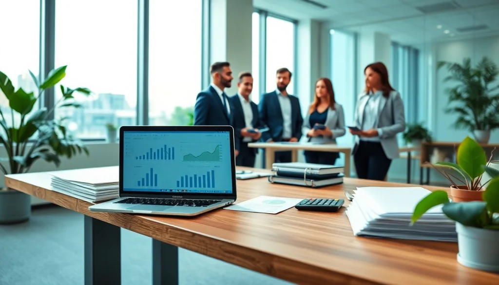 Accounting and Bookkeeping Services in a modern office with professionals collaborating on financial reports.