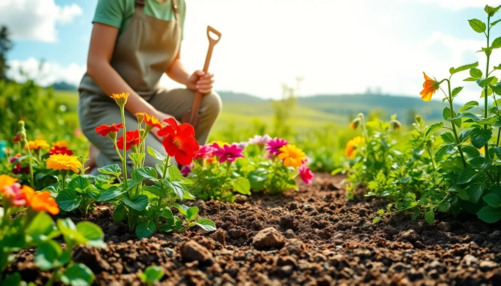 Gardening enthusiast nurturing vibrant plants in a peaceful garden setting.