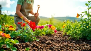Gardening enthusiast nurturing vibrant plants in a peaceful garden setting.