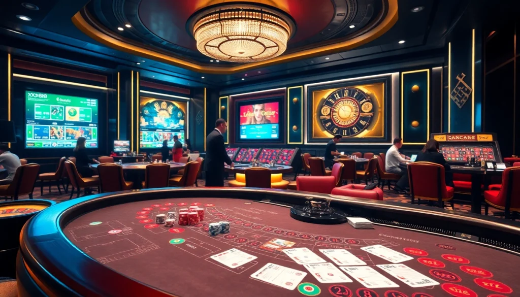 Excited gamblers playing baccarat at the XX88 online casino with vibrant chips and roulette wheels.