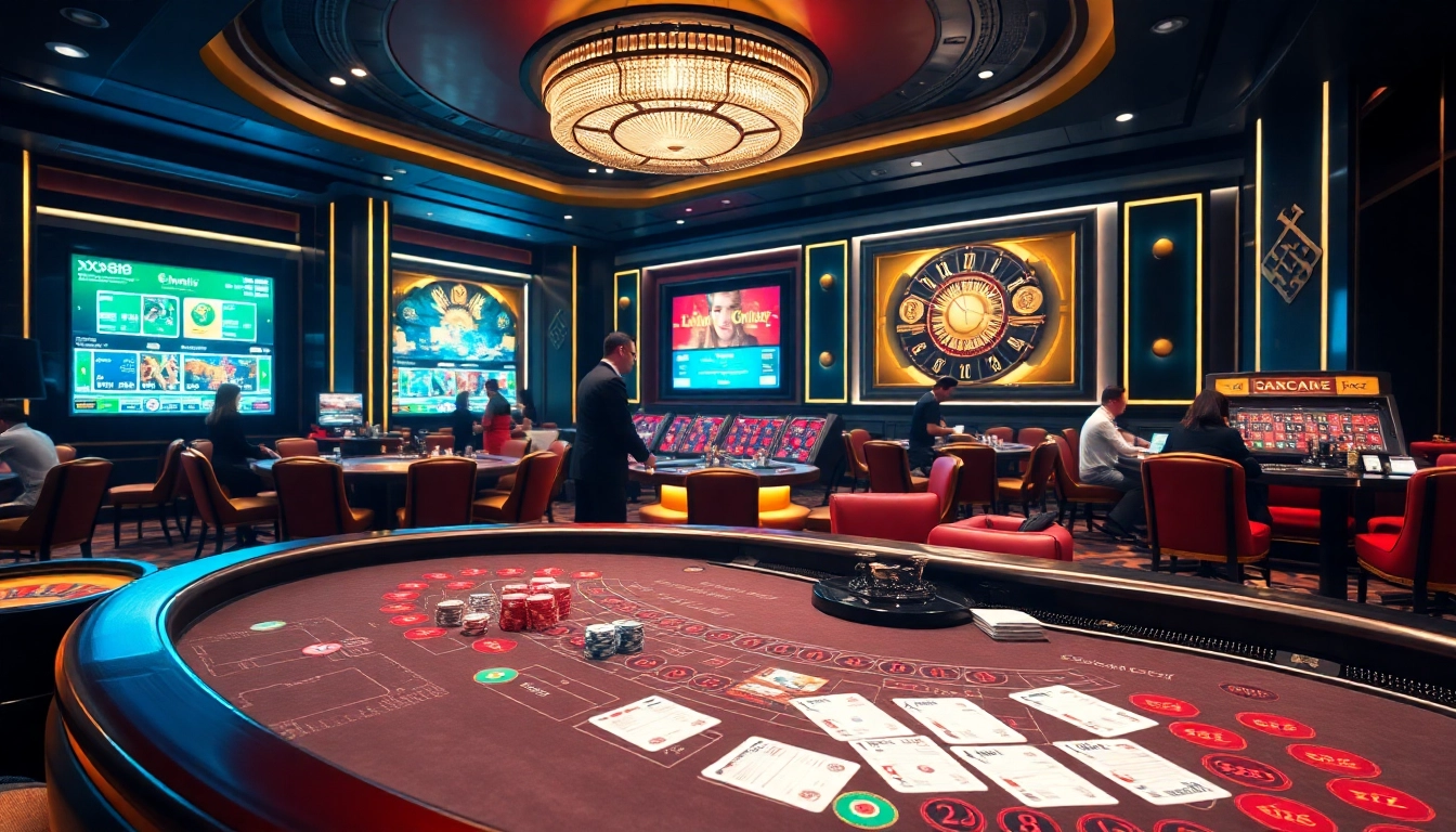 Excited gamblers playing baccarat at the XX88 online casino with vibrant chips and roulette wheels.